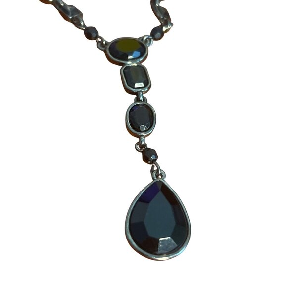 Chaps Black Y Necklace Teardrop Double Strand Rhinestones Gothic Emo Adj 17" - Picture 2 of 4